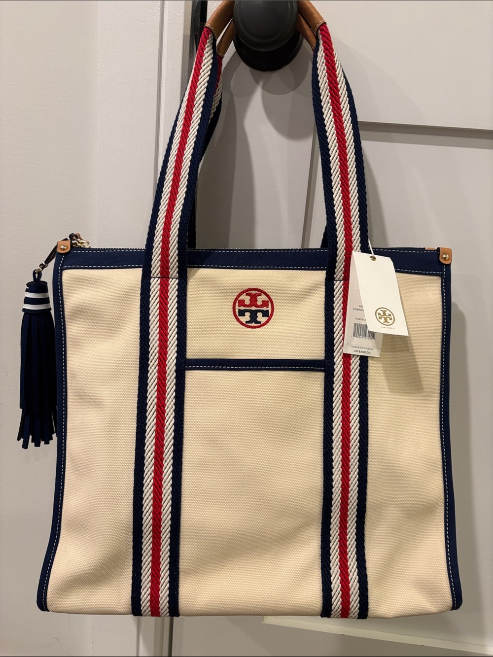 Tory Burch Cream Canvas Tote with Navy and Red Trim NWT